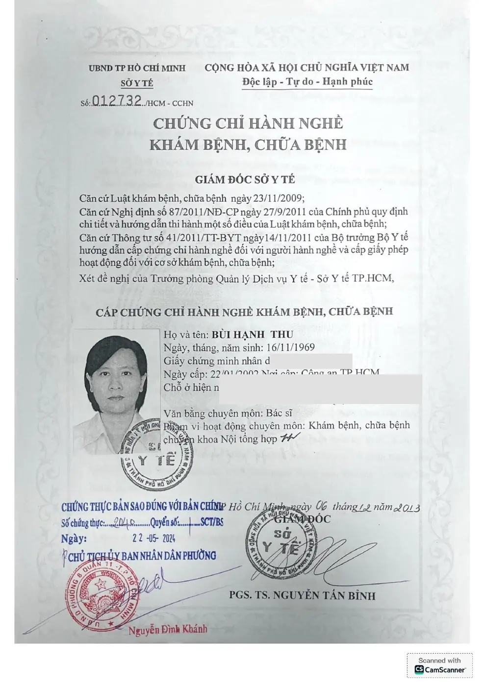 Chứng chỉ hành nghề khám bệnh, chữa bệnh – Bùi Hạnh Thu